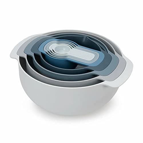 Joseph Joseph Nest 9 Piece Compact Food Preparation Set with Mixing Bowls, Measuring cups, Sieve and Colander, Space Saving, Blue