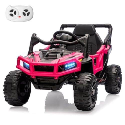 MINIATURE MOTORS 12V Kids Ride on Truck Car with Remote Control, Electric Off-Road UTV for Toddlers, Bluetooth Music, Suspension System Safety Belt, Electric Vehicles Gift for Boys & Girls-Rosy