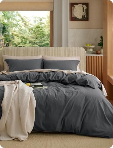 Bedsure 100% Washed Cotton Duvet Cover Queen Size - Charcoal Minimalist Bedding Set Linen Like - PureWoven Plain Simple & Soft Comforter Cover for All Seasons (Charcoal, Queen, 90"x90")