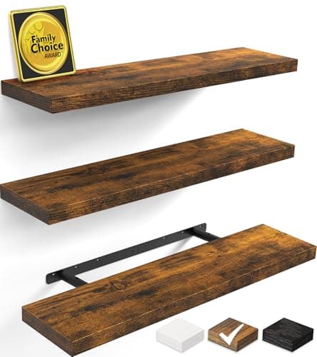 BAYKA Floating Shelves for Wall, Set of 3, 35.4 Inches Wall Mounted Wood Shelves for Bathroom, Bedroom, Living Room or Kitchen, Hanging Shelf for Books/Storage/Decor with 30lbs Capacity, Rustic Brown