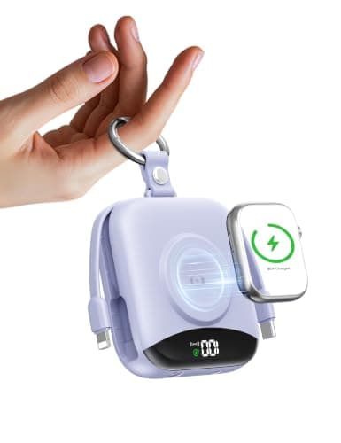 Portable Charger Power Bank, 10000mAh Fast Charging Power Bank with Built-in Cables, Travel Keychain Battery Pack with LED Display for iPhone Samsung Android iPad iWatch Charger 11/10/9/8/Ultra,Purple