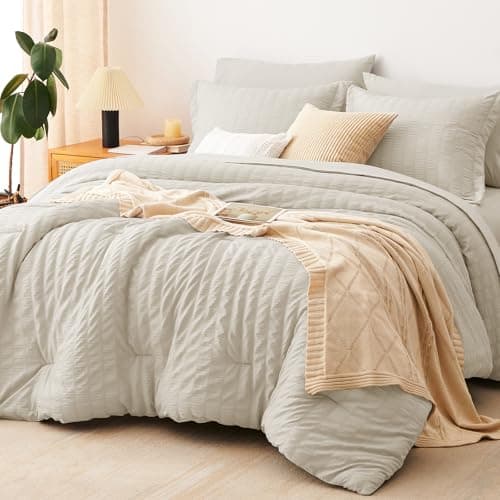 CozyLux Full Size Comforter Sets Oatmeal, 7 Pieces Seersucker Textured Luxury Bed in a Bag, All Seasons Soft Bedding Sets with Down Alternative Comforter, Sheets, Pillowcases & Shams, Bedroom Bed Set