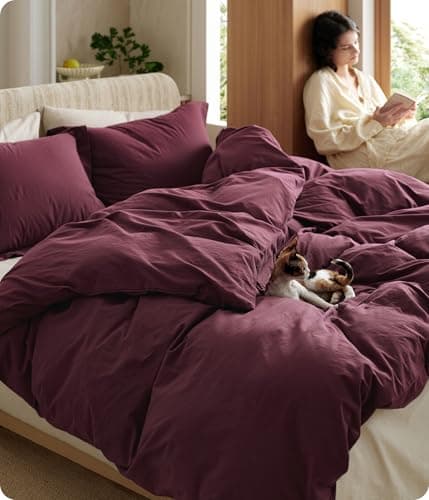 Bedsure 100% Washed Cotton Duvet Cover Queen Size - Burgundy Minimalist Bedding Set Linen Like - PureWoven Plain Simple & Soft Comforter Cover for All Seasons (Burgundy, Queen, 90"x90")