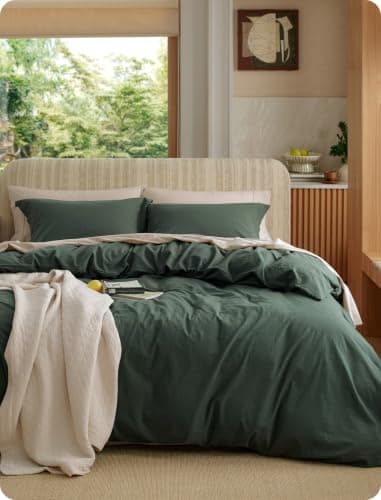 Bedsure 100% Washed Cotton Duvet Cover Queen Size - Forest Green Minimalist Bedding Set Linen Like - PureWoven Plain Simple & Soft Comforter Cover for All Seasons (Forest Green, Queen, 90"x90")