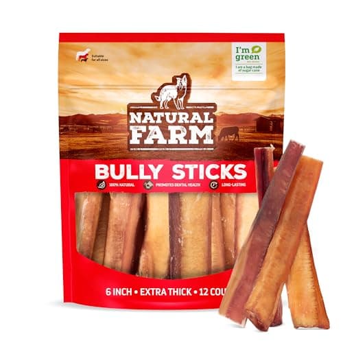 Natural Farm Odor Free Jumbo Bully Sticks (6 Inch, 12 Pack), Extra-Thick Dog Treats – Fully Digestible 100% Beef Treats, Natural Dental Chews – Keep Your Dog Busy with 50% Longer Lasting Chews