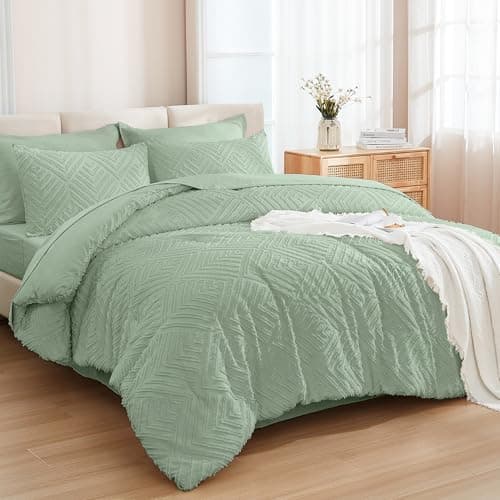 Andency Queen Comforter Set 7 Piece Sage Green - Bed in a Bag Queen Boho Lightweight Fluffy Tufted Bedding Sets with Comforter, Sheets, Pillowcases & Shams