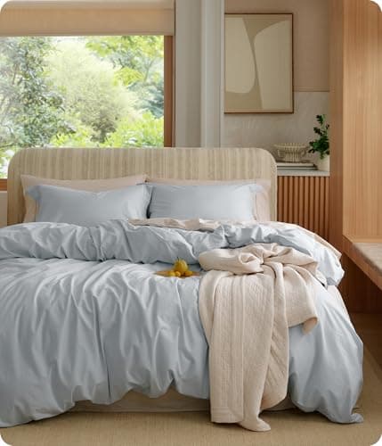 Bedsure 100% Washed Cotton Duvet Cover Full Size - Pastel Blue Minimalist Bedding Set Linen Like - PureWoven Plain Simple & Soft Comforter Cover for All Seasons (Pastel Blue, Full, 80"x90")