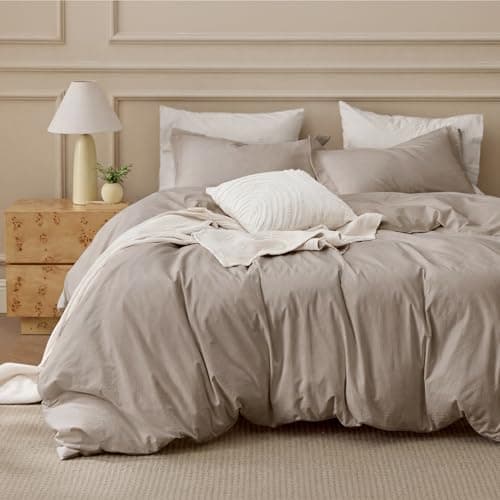 Bedsure 100% Washed Cotton Duvet Cover Twin Size - Tannish Linen Grey Minimalist Bedding Set 3-Piece - PureWoven Plain Simple & Soft Comforter Cover for All Seasons (Tannish Linen Grey, Twin, 68"x90")