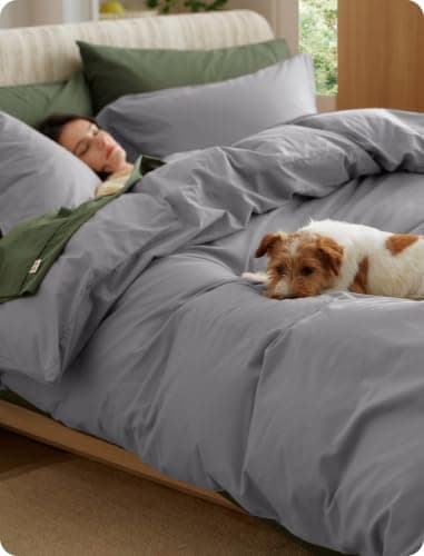 Bedsure 100% Washed Cotton Duvet Cover Queen Size - Grey Minimalist Bedding Set Linen Like - PureWoven Plain Simple & Soft Comforter Cover for All Seasons, 3 Pieces (Grey, Queen, 90"x90")