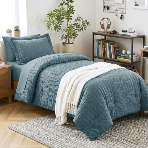CozyLux Twin Comforter Set with Sheets 5 Pieces, Mineral Blue Seersucker Luxury Textured Bed in a Bag, All-Season Soft Bedroom Bedding Sets with Down Alternative Comforter, Sheets, Pillowcase & Sham