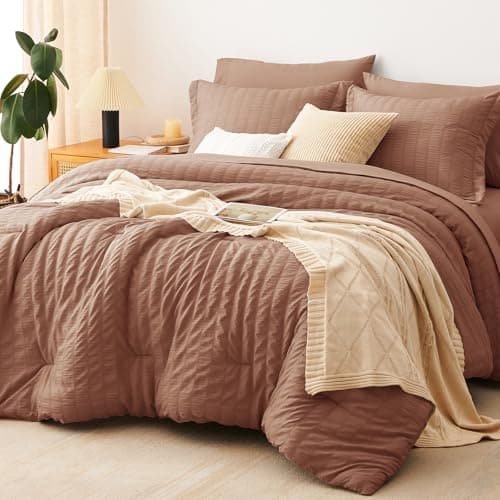 CozyLux Full Size Comforter Sets Mocha Mousse, 7 Pieces Seersucker Textured Luxury Bed in a Bag, All Seasons Bedding Sets with Down Alternative Comforter, Sheets, Pillowcases & Shams, Bedroom Bed Set