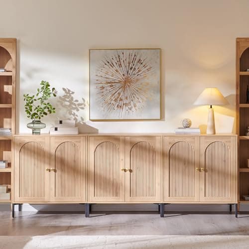 IFGET Modern Buffet Cabinet with Storage, 92.63" W Fluted Arched Sideboard Cabinet w/Adjustable Shelves, Wooden Modular Coffee Bar for Dining Room, Kitchen, Living Room, Entryway, Natural