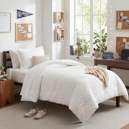 CozyLux Twin Comforter Set with Sheets 5 Pieces, White Seersucker Luxury Textured Bed in a Bag, All Season Soft Bedding Sets with Down Alternative Comforter, Sheets, Pillowcase & Sham, Bedroom Bed Set