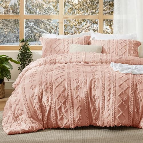 Bedsure Tufted Boho Comforter Set Twin Size - Light Pink Boho Bed Set, GentleSoft™ 2 Pieces Farmhouse-Style Embroidery Bedding, Gifts for Woman, Soft Jacquard Kids' Twin Comforter for All Seasons