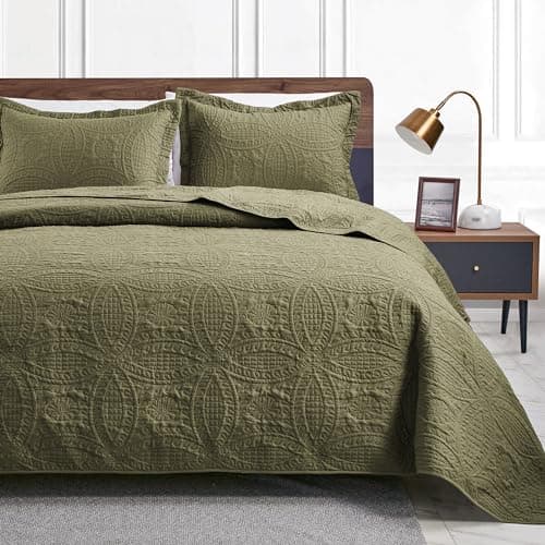 Love's cabin Twin Quilt Bedding Set Green Bedspreads - Soft Bed Summer Lightweight Bedspread Comforter - Coin Pattern Bedding Coverlet for All Season - 2 Pieces (1 Quilt, 1 Pillow Sham)