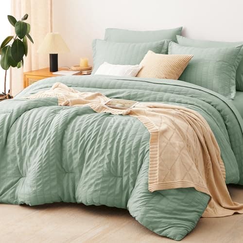 CozyLux Full Size Comforter Sets Sage Green, 7 Pieces Seersucker Textured Luxury Bed in a Bag, All Season Soft Bedding Set with Down Alternative Comforter, Sheets, Pillowcases & Shams, Bedroom Bed Set