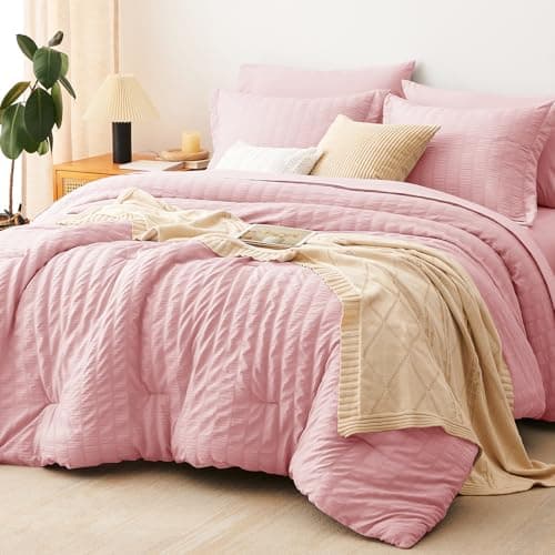 CozyLux Full Size Comforter Sets Pink, 7 Pieces Seersucker Textured Luxury Bed in a Bag, All Seasons Soft Bedding Sets with Down Alternative Comforter, Sheets, Pillowcases & Shams, Bedroom Bed Set
