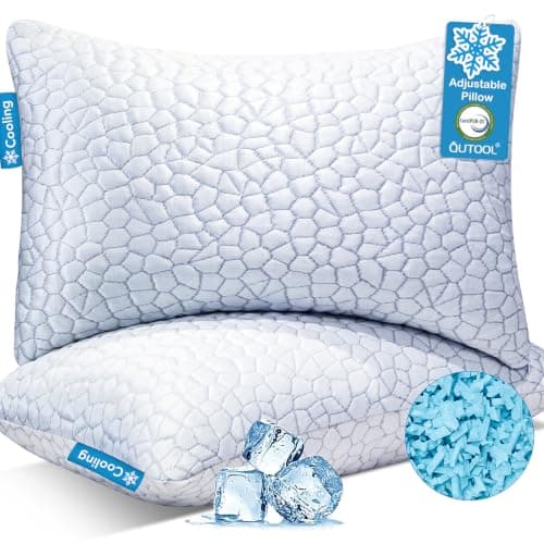 QUTOOL Cooling Pillow for Sleeping, CertiPUR-US Shredded Memory Foam Queen Pillows Set of 2, Cool Pillow for Hot Sleepers Adjustable Firm Pillow for Side, Back, Stomach Sleepers Soft Yet Support,White