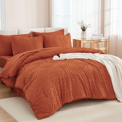 Andency Burnt Orange Full Size Comforter Set with Sheets - 7 Pieces Bed in a Bag Terracotta Boho Tufted Bedding Sets Rust Full Bed Set with Comforter, Sheets, Pillowcases & Shams for All Season
