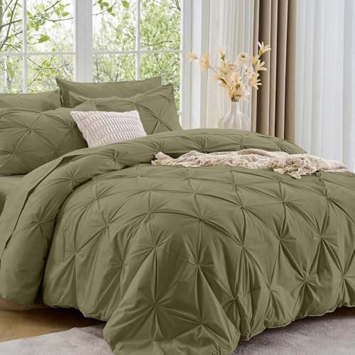 Sasttie Twin XL Comforter Set, 5-Piece Bed in a Bag, Pintuck Bedding Sets for All Season, Includes Comforter, Flat Sheet, Fitted Sheet, Pillowcase and Pillowsham, Olive Green
