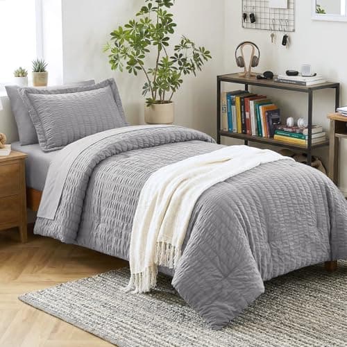 CozyLux Twin Comforter Set with Sheets 5 Pieces, Grey Seersucker Luxury Textured Bed in a Bag, Gray Soft Bedding Sets with Down Alternative Comforter, Sheets, Pillowcase & Sham for All Seasons