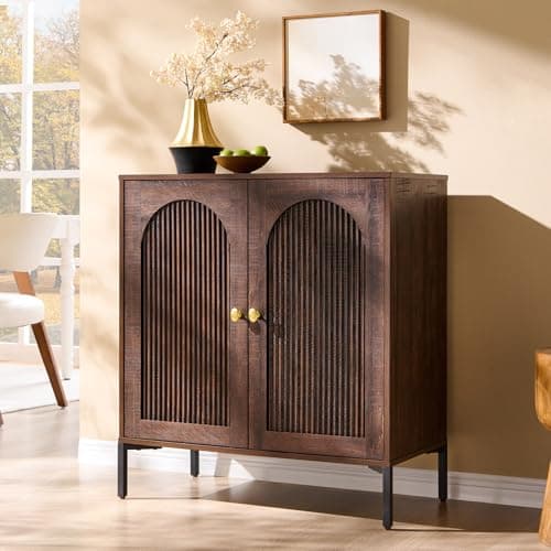 IFGET Modern Buffet Cabinet with Storage, 34" Tall Fluted Arched Sideboard Cabinet w/Adjustable Shelves, Wooden Modular Coffee Bar for Dining Room, Kitchen, Living Room, Entryway, Brown