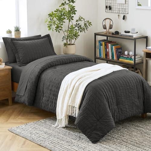 CozyLux Twin Comforter Set with Sheets 5 Pieces, Dark Grey Seersucker Luxury Textured Bed in a Bag, Dark Gray All Season Bedroom Bedding Sets with Down Alternative Comforter, Sheets, Pillowcase & Sham