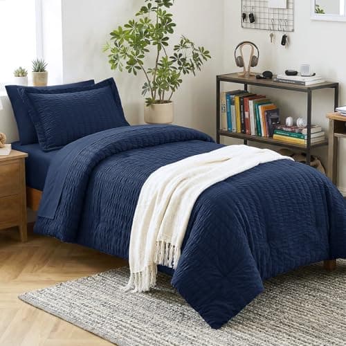 CozyLux Twin Comforter Set with Sheets 5 Pieces, Navy Blue Seersucker Luxury Textured Bed in a Bag, All-Season Bedding Sets with Down Alternative Comforter, Sheets, Pillowcase & Sham, Bedroom Bed Set