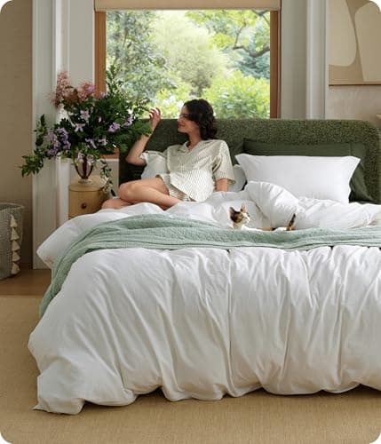 Bedsure 100% Washed Cotton Duvet Cover Twin Size - Natural White Minimalist Bedding Set Linen Like - PureWoven Plain Simple & Soft Comforter Cover for All Seasons (Natural White, Twin, 68"x90")