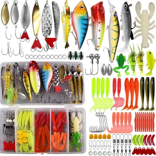 Fishing Lures Tackle Bait Kit Set - Comprehensive Fishing Lures Kit for Trout Bass Salmon - Includes Plastic Shrimp, Worm Bait, Spoon, and Crankbait Jigs (99)