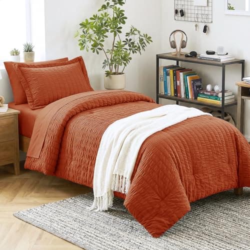 CozyLux Twin XL Comforter Set Burnt Orange, 5 Pieces Seersucker Twin Extra Long Bed in a Bag, Soft College Dorm Down Alternative Bedding Sets with Comforter, Sheets, Pillowcase & Sham, Back to School