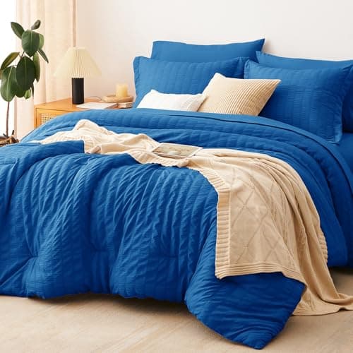 CozyLux Full Size Comforter Sets Classic Blue, 7 Pieces Seersucker Textured Luxury Bed in a Bag, All-Season Bedding Sets with Down Alternative Comforter, Sheets, Pillowcases & Shams, Bedroom Bed Set