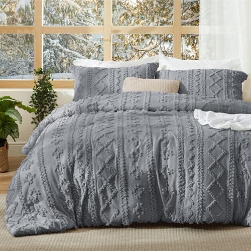 Bedsure Tufted Boho Comforter Set Queen Size - Grey Boho Bed Set, GentleSoft™ 3 Pieces Farmhouse-Style Embroidery Bedding, Gifts for Woman, Soft Jacquard Kids' Queen Comforter for All Seasons
