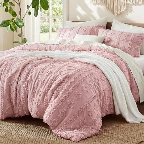 Bedsure Tufted Boho Comforter Set Twin Size - Pink Boho Bed Set, GentleSoft™ 2 Pieces Farmhouse-Style Embroidery Bedding, Gifts for Woman, Soft Jacquard Twin Comforter for All Seasons