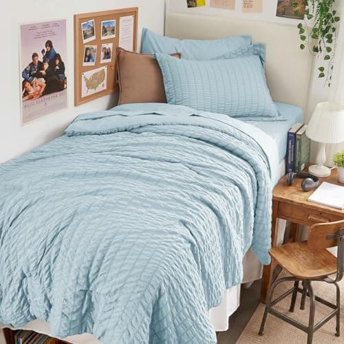HYMOKEGE Lake Blue Twin XL Comforter Set Seersucker 5 Pieces, All Season Luxury Bed in a Bag for Bedroom, Bedding Set with Comforters, Sheets, Pillowcase & Sham