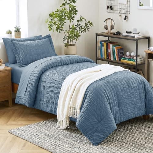 CozyLux Twin Comforter Set with Sheets 5 Pieces, Grayish Blue Seersucker Luxury Textured Bed in a Bag, Dusty Blue All-Season Bedding Sets with Down Alternative Comforter, Sheets, Pillowcase & Sham