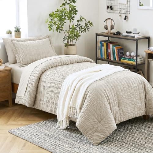 CozyLux Twin Comforter Set with Sheets 5 Pieces, Beige Seersucker Luxury Textured Bed in a Bag, All Season Soft Bedding Sets with Down Alternative Comforter, Sheets, Pillowcase & Sham, Bedroom Bed Set