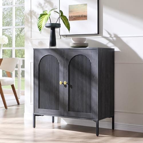 IFGET Modern Buffet Cabinet with Storage, 34" Tall Fluted Arched Sideboard Cabinet w/Adjustable Shelves, Wooden Modular Coffee Bar for Dining Room, Kitchen, Living Room, Entryway, Dark Grey