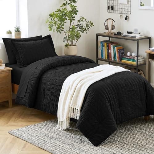 CozyLux Twin Comforter Set with Sheets 5 Pieces, Black Seersucker Luxury Textured Bed in a Bag, All Season Soft Bedding Sets with Down Alternative Comforter, Sheets, Pillowcase & Sham, Bedroom Bed Set