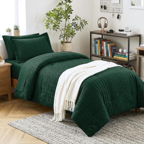 CozyLux Twin Comforter Set with Sheets 5 Pieces, Emerald Green Seersucker Luxury Textured Bed in a Bag, All-Season Soft Bedding Sets with Down Alternative Comforter, Sheets, Pillowcase & Sham