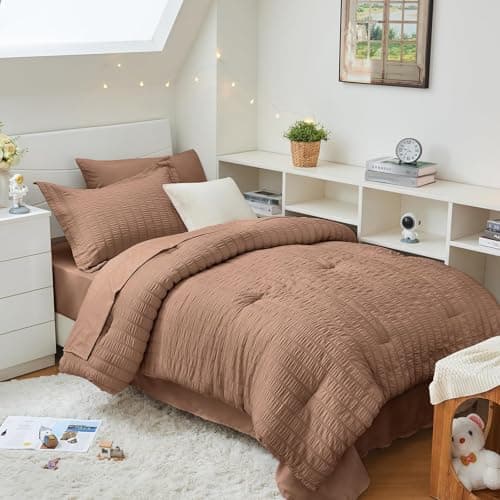HYMOKEGE Mocha Mousse Twin XL Comforter Set Seersucker 5 Pieces, All Season Luxury Bed in a Bag for Bedroom, Bedding Set with Comforter, Sheets, Pillowcase & Sham