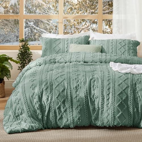 Bedsure Tufted Boho Comforter Set Twin Size - Green Boho Bed Set, GentleSoft™ 2 Pieces Farmhouse-Style Embroidery Bedding, Gifts for Woman, Soft Jacquard Kids' Twin Comforter for All Seasons