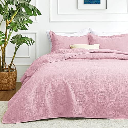 Love's cabin Twin Quilt Set Pink Bedspreads - Soft Bed Summer Lightweight Bedspread Comforter - Modern Style Coin Pattern Coverlet for All Season - 2 Pieces (1 Quilt, 1 Pillow Sham)