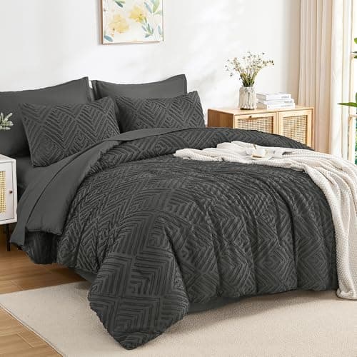 Andency Queen Comforter Set 7 Piece Dark Grey - Bed in a Bag Queen Boho Lightweight Fluffy Tufted Bedding Sets with Comforter, Sheets, Pillowcases & Shams