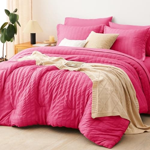 CozyLux Full Size Comforter Sets Hot Pink, 7 Pieces Seersucker Textured Luxury Bed in a Bag, All Seasons Soft Bedding Sets with Down Alternative Comforter, Sheets, Pillowcases & Shams, Bedroom Bed Set