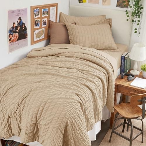 HYMOKEGE Khaki Twin XL Comforter Set Seersucker 5 Pieces, All Season Luxury Bed in a Bag for Bedroom, Bedding Set with Comforter, Sheets, Pillowcase & Sham