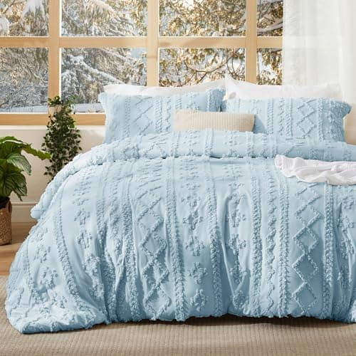 Bedsure Tufted Boho Comforter Set Twin Size - Sky Blue Boho Bed Set, GentleSoft™ 2 Pieces Farmhouse-Style Embroidery Bedding, Gifts for Woman, Soft Jacquard Kids' Twin Comforter for All Seasons
