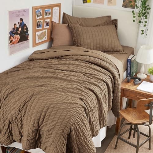 HYMOKEGE Brown Twin XL Comforter Set Seersucker 5 Pieces, All Season Luxury Bed in a Bag for Bedroom, Bedding Set with Comforter, Sheets, Pillowcase & Sham
