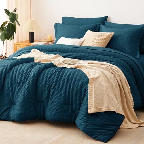 CozyLux Full Size Comforter Sets Lyons Blue, 7 Pieces Seersucker Textured Luxury Bed in a Bag, All-Season Soft Bedding Set with Down Alternative Comforter, Sheets, Pillowcases & Shams, Bedroom Bed Set