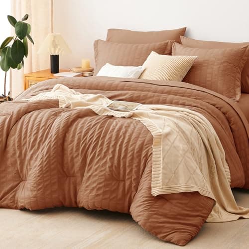 CozyLux Full Size Comforter Sets Pumpkin, 7 Pieces Seersucker Textured Luxury Bed in a Bag, All Seasons Soft Bedding Sets with Down Alternative Comforter, Sheets, Pillowcases & Shams, Bedroom Bed Set